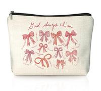 LIANGW God Says I Am Pink Bow Christian Makeup Bag, Coquette Pink Bow Preppy Cosmetic Bags for Women, Inspirational Christian Gifts for Women, Girly Aesthetic Zipper Makeup Pouch, beige