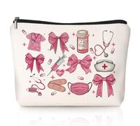 LIANGW Nurse Makeup Bag, Coquette Pink Bow Cosmetic Bags for Women, Nurses Week Gifts, Nurse Appreciation Gifts, Preppy Aesthetic Nursing Zipper Makeup Pouch, beige