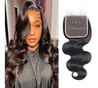 Liangya Hair HD Body Wave Closure 5x5 Transparent Lace Frontal Closure 12A Virgin Remy Human Hair Pre Plucked With Baby Hair Natural Black Color (14inch)