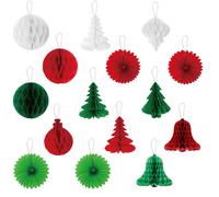 LIANRISES 15pcs Paper Christmas Tree Decorations, 3D Hanging Hat Bell Honeycomb Ball Paper Fans Kit Reusable