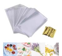 LIANRISES 200pcs 8x12CM Small Cellophane Bags Clear Sweet Bags Clear Cellophane Bags with 200 PCS 8CM Gold Twist Ties