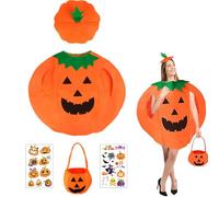 LIANRISES 5pcs Pumpkin Costume for Women Men Halloween, Adult Pumpkin Outfit Suit, Pumpkin Adults Kids Fancy Dress, Trick Or Treat, Includes Hat, Hand Bag, Fake Tattoos
