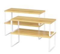 LIANTRAL Kitchen Cabinet Organiser, Counter Shelf Organizer, Set of 4 | Stackable & Expandable, Bamboo & Metal, Space Saving Storage Shelves for Cupboard, Countertop, Pantry, Natural/White