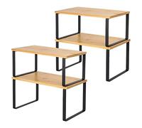 LIANTRAL Kitchen Shelf Organizer Set of 4, Cupboard Shelf Organisers, Stackable Spice Rack Shelves, Bamboo & Metal, Adjustable Cabinet Storage for Kitchen, Bathroom, Office - Black/Natural