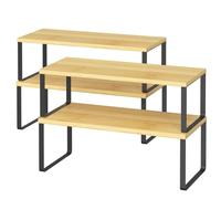 LIANTRAL Kitchen Shelf Organizer Set of 4, Cupboard Shelf Organisers, Stackable Spice Rack Shelves, Bamboo & Metal, Adjustable Cabinet Storage for Kitchen, Bathroom, Office, W 39.6 cm, Black/Natural