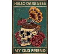 LIANTSH Halloween Skull Phonograph Roses Hello My Old Friend Tin Sign Retro Style Miller Beer Bar Den Halloween Painting Metal 8x12 inch