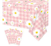 Lianxia daisy 3pcs Plastic Tablecloth, 54x108 Inch Spring Daisy Theme Table Cover, Pink Plaid Flower Tablecloth for Spring Floral Party, Baby Shower