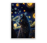 Lianxiaw The Starry Night Cat Canvas Wall Art Famous Oil Paintings Black Cat Poster Funny Cat Print Colorful Abstract Farmhouse Gallery Aesthetic Room Wall Decor for Bedroom 12x16in Unframed