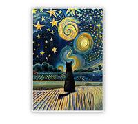 Lianxiaw The Starry Night Cat Canvas Wall Art Famous Oil Paintings Black Cat Poster Funny Cat Print Colorful Abstract Farmhouse Gallery Aesthetic Room Wall Decor for Bedroom 16x24in Unframed