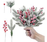 Lianxuia 154 Pcs Christmas Artificial Snowy Pine Branches With Holly Berry Stems, Faux Frosty Needles, Red Berry Stems for DIY Garland Wreath, Xmas Home Decor