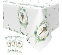 Lianxuia 3Pcs God Bless Baptism Tablecloth, 54 x 108 Inch Eucalyptus Leaf Cross Religious Table Cover, Sage Green Plastic Tablecloth for Baby Showers, First Communion Decorations