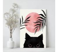 lianyibo 1pc Black Cat Gazing Upward, Framed By Tropical Leaves And A Pink Sun Canvas Wall Art For Living Room, Bedroom Decor(40x60cm/Frameless)
