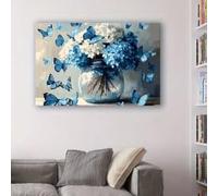 lianyibo 1pc Blue Butterfly & White Hydrangea Floral Canvas Wall Art, Modern Aesthetic Glass Vase Print Living Room Home Decor(70x100cm/Inner frame)