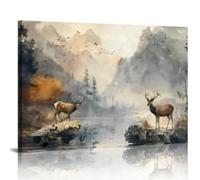 lianyibo 1pc Deer In Foggy Mountain Landscape Canvas Wall Art, Rustic Wildlife Nature Print, Tranquil Wilderness Scene Decor 70x100cm Frameless