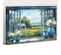lianyibo 1pc Farmhouse Window View Canvas Wall Art, Countryside Landscape Print Blue Vases With White Flowers Home Decor(60x80cm/Frameless)