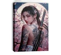 lianyibo 1pc Japanese Woman With Tattoos Canvas Wall Art, Cherry Blossoms Samurai Sword Poster Prints Home Living Room Decor(40x60cm/Frameless)