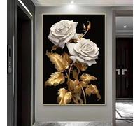 lianyibo 1pc Modern Abstract White Rose Wall Art Canvas Print, Large Golden Leaf Floral Poster, For Living Room Home Decor(20x30cm/Frameless)