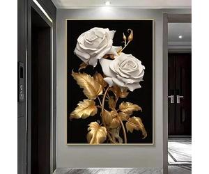 lianyibo 1pc Modern Abstract White Rose Wall Art Canvas Print, Large Golden Leaf Floral Poster, For Living Room Home Decor(30x40cm/Frameless)