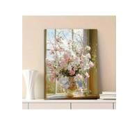 lianyibo 1pc Sakura Windowsill Canvas Wall Art - White & Pink Floral Wooden Vase With Greenery Posters Prints Home Office Decor(70x100cm/Frameless)