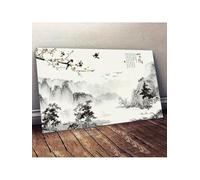 lianyibo 1PC Traditional Chinese Landscape Canvas Wall Art Modern Minimalist Black & White Mountain & Cherry Blossom Painting(60x80cm/Inner frame)
