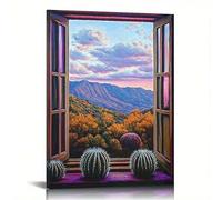 lianyibo 1pc Window View Canvas Wall Art Of Desert Landscape With Mountains & Autumn Trees Print For Living Room Office Decor(80 x 120 cm/Inner frame)