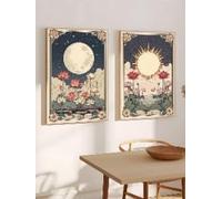 lianyibo 2Pc Boho The Moon And The Sun Tarot Card Art Prints Poster Canvas, Lotus Celestial Art Bedroom Living Room Decor(40x60 cm x2/Inner frame)