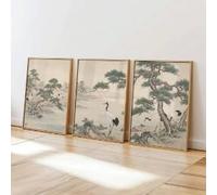 lianyibo 3pcs Japanese Landscape Canvas Poster Cranes Pine Trees Zen Japanese Wall Art Print For Living Room Bedroom Decor(70x100cmx3/Inner frame)