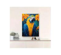 lianyibo Abstract Blue and Yellow Macaw Canvas Wall Art Colorful Feathers & Green Leaves Poster Print For Living Room Decor(20x30cm/Frameless)