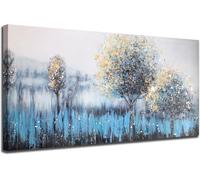 lianyibo Abstract Tree Canvas Wall Art Teal Landscape Painting Blue Forest Picture Modern Panoramic Living Room Bedroom Decor(80x160cm/Inner frame)