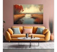 lianyibo Autumn Marshland River Canvas Wall Art Tranquil Nature Landscape Print Golden Reeds Red Trees Flying Birds Scenic Decor 70x100cm framework