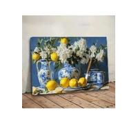 lianyibo Elegant Still Life Canvas Wall Art Fresh Lemons White Flowers, & Classic Blue And White Porcelain Prints Home Decor(40x60cm/Inner frame)