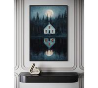 lianyibo Haunted Cabin By The Lake Wall Art, Full Moon Reflection, Forest Ghost House Painting Canvas, Gothic Wall Decor(60x80cm/Inner frame)