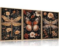 lianyibo Large Vintage Butterfly and Dragonfly Canvas Wall Art,Retro Blossom Leaf Dark Insect Plant Artwork Living Room Decor(50x75cmx3/Frameless)