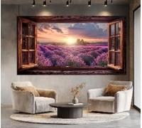lianyibo Lavender Field View from Open Window Canvas Print, Modern Home Decor, Lavender Field Print, Faux Window Poster(90x180cm/Inner frame)