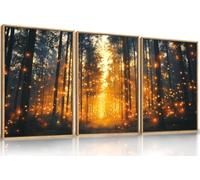 lianyibo Magical Firefly Forest Canvas Wall Art,Enchanted Night Nature Moody Twinkling Firefly Artwork Print Living Room Decor(70x100cmx3/Frameless)
