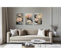 lianyibo Neutral Lotus Wall Art Set of 3 - Blush Gold Boho Botanical Triptych Canvas Prints, Modern Minimal Floral Decor(60x90cmx3/Inner frame)