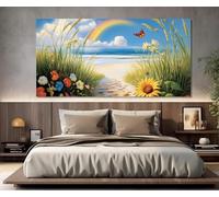 lianyibo Pebble Path to the Sea in Tall Grass and Flowers Canvas Print, Summer Wall Art, Rainbow on the Beach Poster Home Decor(75x150cm/Frameless)