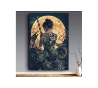 lianyibo Samurai Woman With Dragons Canvas Wall Art, Moonlit Night Scene Posters Prints Living Room Home & Office Decor(70x100cm/Inner frame)