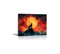lianyibo Wolf Canvas Wall Art, Wolf Under The Moon Howl Red Forest Wall Painting Animal Wolf Art Poster Living Room Decor(80x120 cm/Frameless)