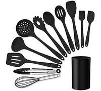LIANYU 12-Piece Black Silicone Kitchen Cooking Utensils Set with Holder | Kitchen Tools Include Slotted Spatula Spoon Turner Ladle Tong Whisk, Dishwasher Safe