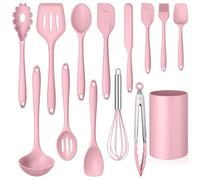 LIANYU 14 Pcs Kitchen Utensils Set, Silicone Cooking Utensils Spatula Set with Holder, Heat Resistant Cookware Tools Includes Spoon Turner Whisk Tong, Dishwasher Safe, Pink