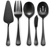 LIANYU 5-Piece Matte Black Serving Utensils Set, Stainless Steel Flatware Serving Set, Ideal for Buffet Catering Party, Satin Finish, Dishwasher Safe