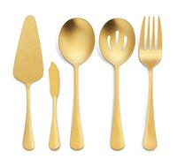 LIANYU 5-Piece Matte Gold Serving Utensils Set, Stainless Steel Serving Set Include Serving Spoon Fork, Flatware Serving Pieces for Buffet Catering, Satin Finish, Dishwasher Safe