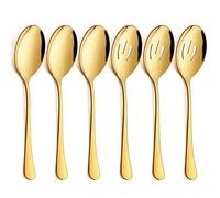 LIANYU 6 Pack Gold Serving Spoons Set, Large Slotted Spoons, Stainless Steel Buffet Dinner Restaurant Golden Serving Utensils, Catering Set for Party Banquet, 9.8 Inch