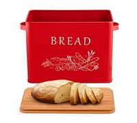 LIANYU Red Bread Box with Bamboo Lid for Kitchen Countertop, Large Farmhouse Metal Bread Storage Container Organizer, Vintage Bin Keeper for Counter 13x7x9.8 Inch