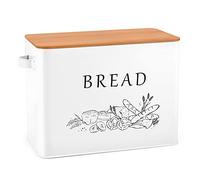 LIANYU White Bread Box with Bamboo Lid for Kitchen Countertop, Large Farmhouse Metal Bread Storage Container Organizer, Vintage Bin Keeper for Counter 13x7x9.8 Inch