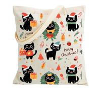 LIAODUNUS Cute Cartoon Cat and Dog Canvas Tote Bag for Women, Reusable Shopping Bag - Ideal for School, Beach, Grocery, Makeup Storage, Perfect Birthday & Christmas Gift (Christmas cat)