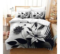 LIAOHENKAN Black And White Striped Floral Duvet Cover Set Full Size Bedding for Teens Adults 3Pcs Ultra Soft Comforter Set with Zipper Closure Breathable Quilt Set,Easy Care Double（200x200cm）