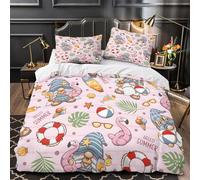 LIAOHENKAN Summer Pink Gnome Cute Cartoon Teens Bedding Set Full Size Comforter Set 3Pcs Breathable Duvet Cover Set Ultra Soft 3D Quilt Set with Zipper Closure Room Decor for All Ages King(220x240cm)
