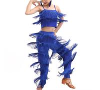 Libaobaoyo Girls 2 Piece Latin Ballroom Dance Outfits Set Tassel Camisole Fringe Pants Modern Salsa Dancewear, Blue, 9-10 years